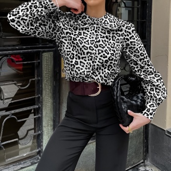 stylish non-stretch pure cotton leopard single-breasted long sleeve blouse