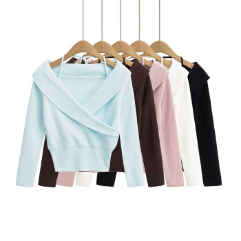 casual slight stretch ribbed knit halter-neck 5 colors sweaters