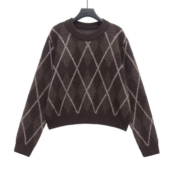 casual slight stretch ribbed knit rhombus pattern crew neck sweaters