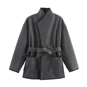 casual non-stretch contrast color tweed with belt jacket