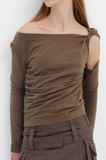 casual slight stretch solid color patchwork irregular long sleeve tops