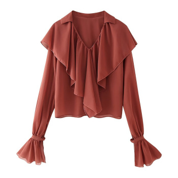 casual non-stretch v-neck solid color ruffle blouses