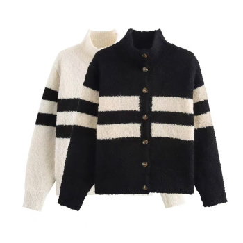 casual slight stretch ribbed knit stripe pattern button sweaters