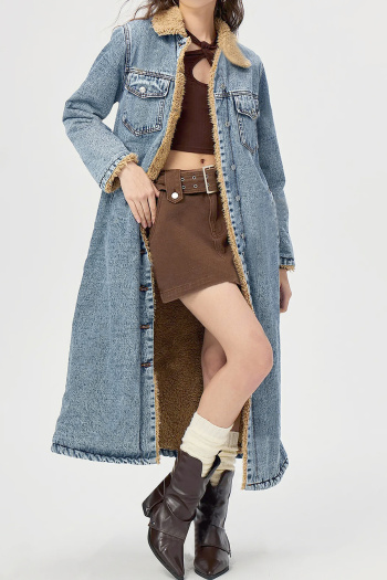 xs-l stylish no-stretch patchwork denim plush loose long sleeve cotton overcoats