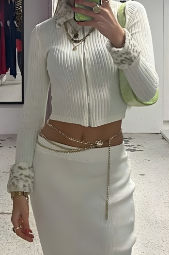 new slight stretch ribbed knit fuzzy collar long sleeve cardigans