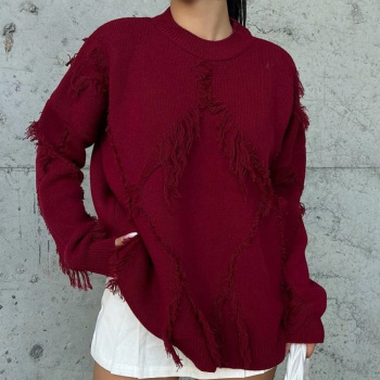 new slight stretch 3-color knit polyester tassel loose long sleeve sweaters