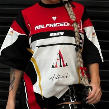 new stylish slight stretch fixed printing contrast short sleeves tops