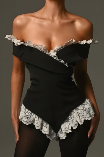 stylish slight stretch lace off-shoulder slim playsuit (no stocking)