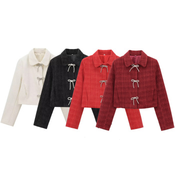casual non-stretch tweed 4 colors lapel bow-knot decor jacket