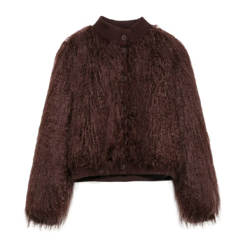casual non-stretch crew neck fur button warm jacket