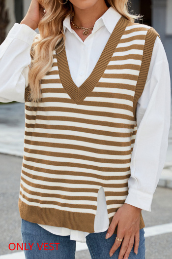 casual stretch contrasting v-neck stripe slit knit vest(only vest)