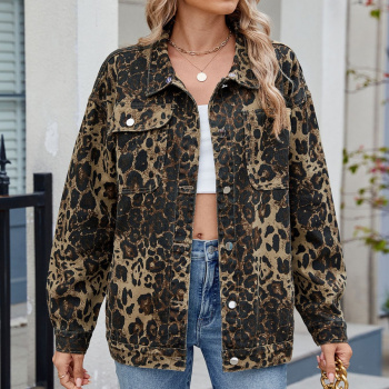 casual non-stretch lapel leopard pocket long sleeve single-breasted jacket