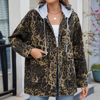 casual plus size non-stretch leopard removable hooded single-breasted pocket jacket