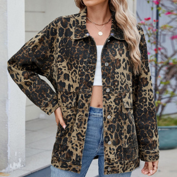 casual plus size non-stretch leopard lapel long sleeve single-breasted pocket jacket