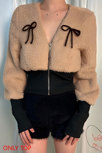 stylish slight stretch berber fleece stitching v-neck zip-up bow outerwear