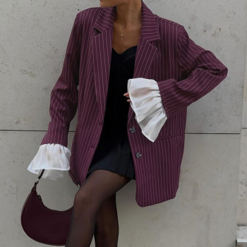 new slight stretch contrast stripes patchwork lace flared sleeves blazers