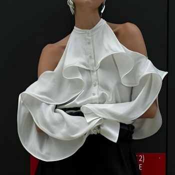 stylish no-stretch patchwork ruffle long sleeve solid color blouse