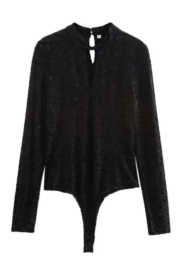 casual stretch crew neck long sleeve jacquard flocking solid color bodysuit