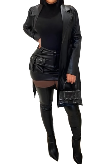 new no-stretch solid color patchwork pu lapel long sleeve jackets (with belt)