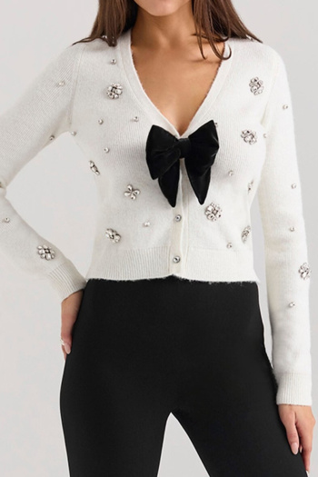 stylish stretch rhinestone bowknot decor knitted v-neck cardigan sweater