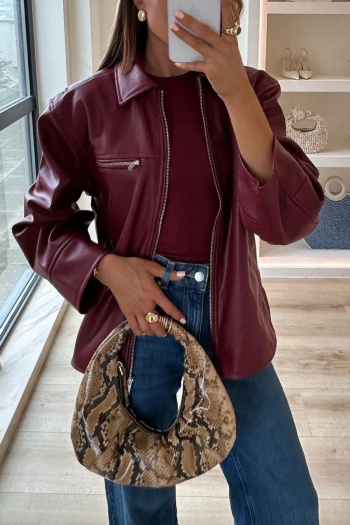 casual non stretch pu zipper lapel jackets