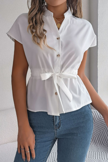 casual non-stretch solid color drawstring short-sleeved shirt