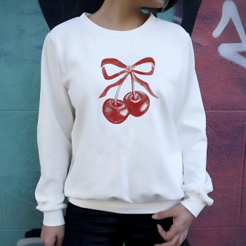 stylish slight stretch loose cherry print long sleeve sweatshirt