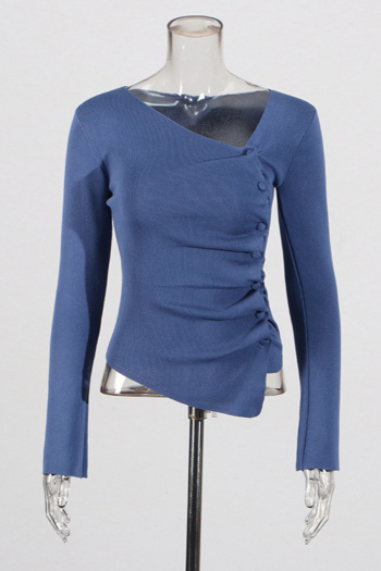 casual slight stretch solid color pleated slim fit long sleeve knit top