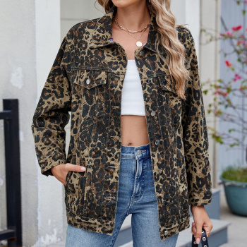 casual non-stretch plus size leopard long sleeve pocket single-breasted jacket