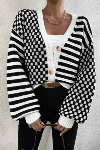 casual plus size slight stretch knitted plaid striped cardigan sweater
