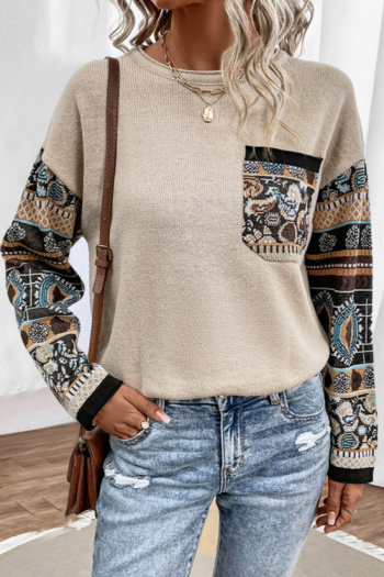 retro plus size slight stretch knitted splicing long sleeves sweater