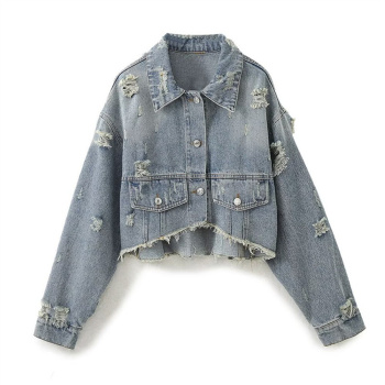 casual non-stretch denim lapel hole decor short jacket