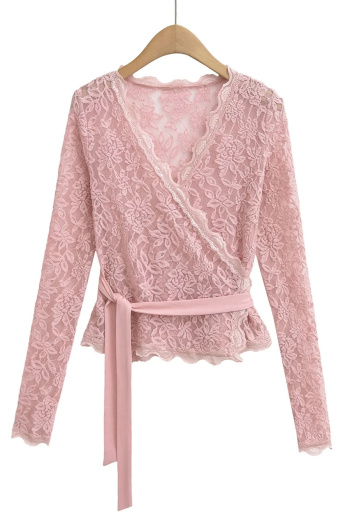sexy slight stretch 6 colors see-through lace v-neck top