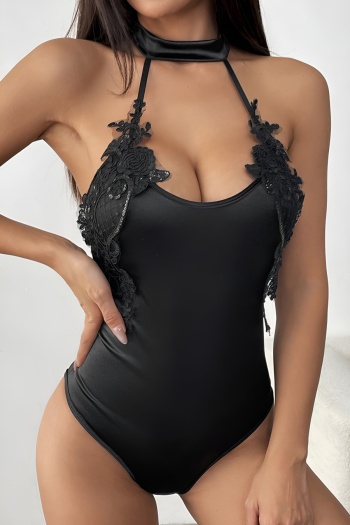 sexy slight stretch applique halter-neck bodysuit