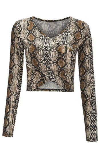casual slight stretch v-neck snake pattern printing crop top