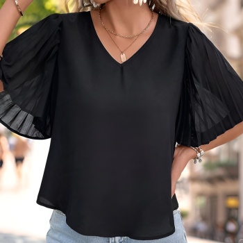 stylish non-stretch plain color v-neck pleated short sleeve all-match blouse