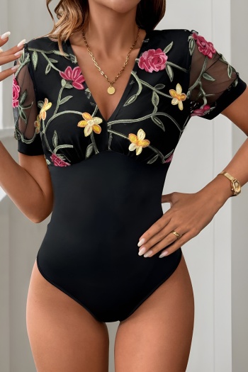 exquisite slight stretch mesh flower jacquard v-neck bodysuit