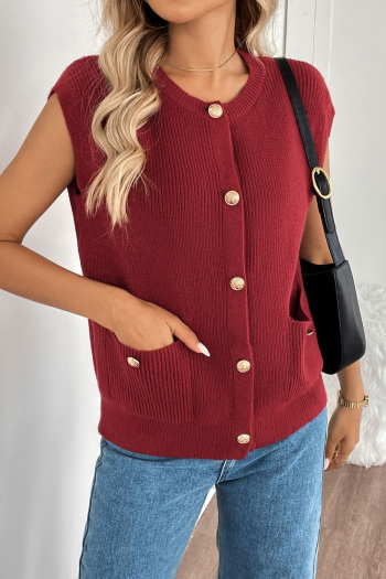stylish slight stretch pure color sleeveless single-breasted pocket knit wear