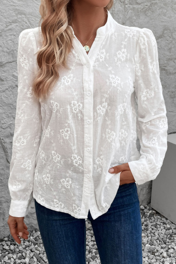 stylish non-stretch pure color embroidery single-breasted long sleeve blouse