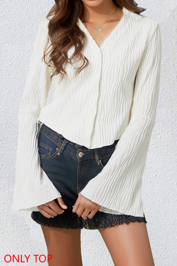 stylish slight stretch 3 colors turndown collar bell-sleeve all-match blouse