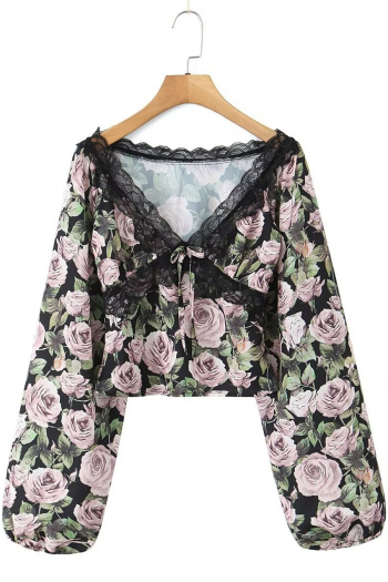 casual non-stretch flower printing v-neck lace trim blouses(size run small)
