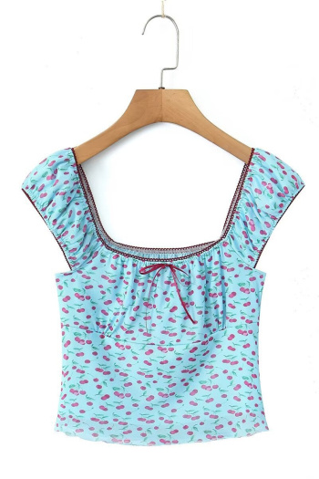 casual slight stretch cherry printing top(size run small)