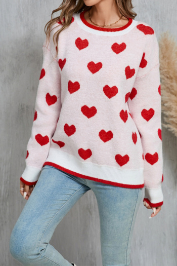 new  valentine's day slight stretch contrast knit hearts long sleeve sweater