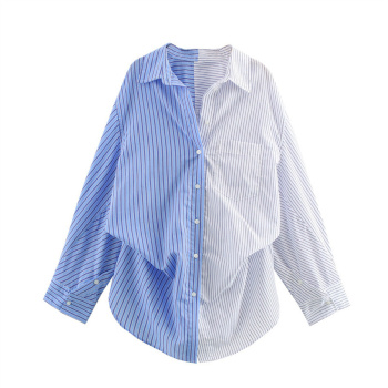 casual non-stretch lapel contrast color stripe printing blouses
