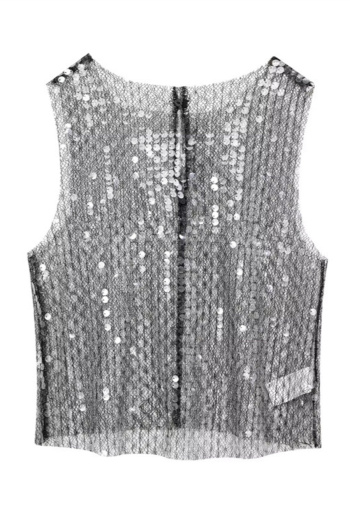 sexy non-stretch sequin decor crew neck see-through tank top