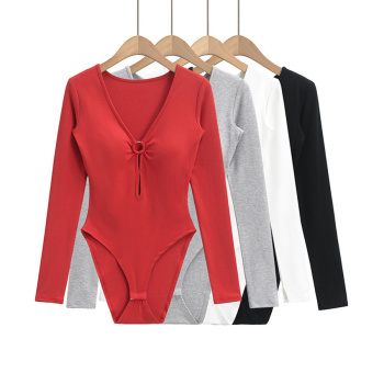 casual slight stretch 4colors v-neck solid color padded bodysuit(size run small)