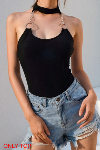 stylish slight stretch solid color metal chain halter neck bodysuit