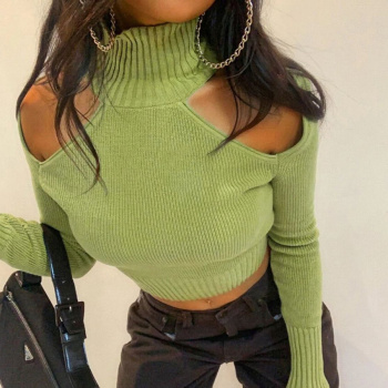 exquisite slight stretch solid color high collar hollow sweaters