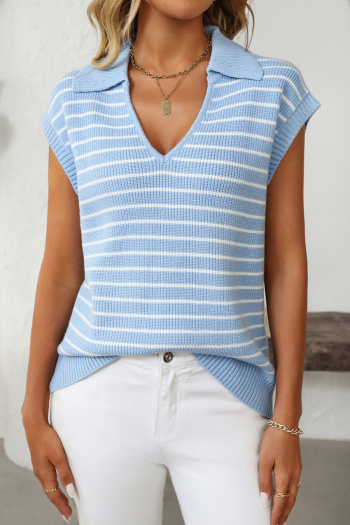 casual slight stretch 7 colors v-neck stripe short sleeve knit wear