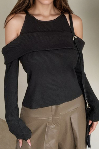 stylish slight stretch pure color off shoulder long sleeve slim knit wear
